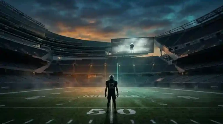 A hyper-realistic 16:9 wide shot of an empty football stadium at dusk with swirling fog. A solitary quarterback silhouette in a generic green jersey stands on the 50-yard line, facing away and looking up at the jumbotron under dramatic orange and teal lighting.