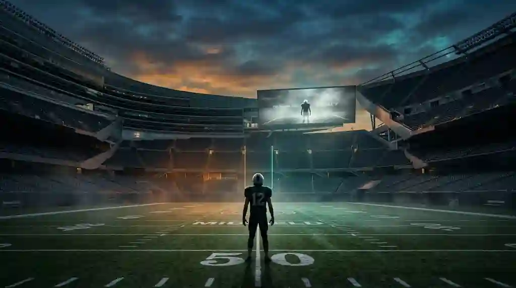 A hyper-realistic 16:9 wide shot of an empty football stadium at dusk with swirling fog. A solitary quarterback silhouette in a generic green jersey stands on the 50-yard line, facing away and looking up at the jumbotron under dramatic orange and teal lighting.