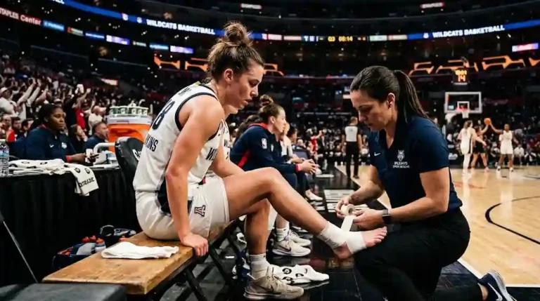 A female basketball point guard in a white and navy jersey sits on the team bench while an athletic trainer tapes her ankle courtside under dramatic stadium lighting.