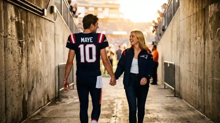 New England Patriots quarterback Drake Maye walking hand in hand with his wife through a sunlit stadium tunnel during golden hour.
