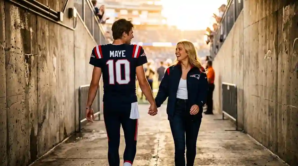 New England Patriots quarterback Drake Maye walking hand in hand with his wife through a sunlit stadium tunnel during golden hour.